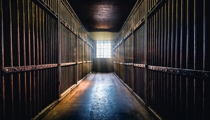 a dark prison cell with bars and a bright window at the end of the corridor with light illuminating the floor