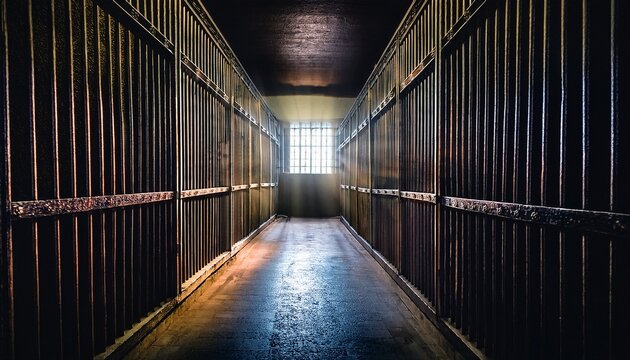 a dark prison cell with bars and a bright window at the end of the corridor with light illuminating the floor