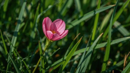 Fototapeta premium A pink flower blooming amidst green grass and leaves.