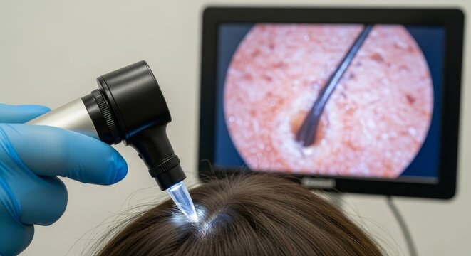 Trichologist performs scalp diagnostics with trichoscope. Monitor shows magnified anatomical structure of hair follicle. Concept for dermatology clinic, hair loss treatment, and modern cosmetology.