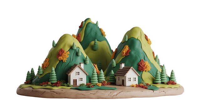 Charming clay model of a village nestled in colorful mountains
