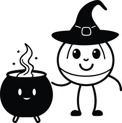 Cute Halloween Witch Potato with Smiling Cauldron Silhouette Illustration