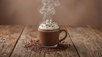 A hot cup of coffee or hot chocolate with whipped cream and chocolate sprinkles on top, placed on a rustic wooden surface with steam rising.