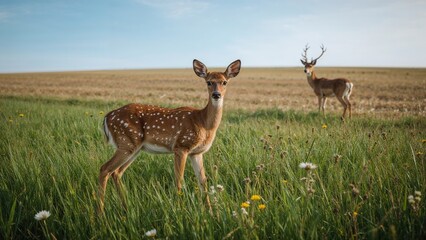 Naklejka premium A deer fawn standing in lush grass with a mature stag in the background in a wide open field on a clear day.