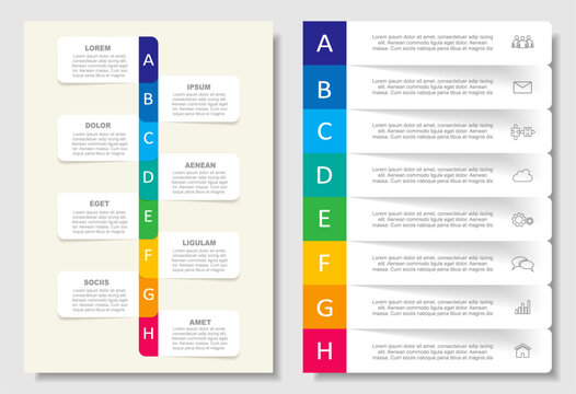 Infographic layouts with numbered steps, icons, and placeholder text for business, planning, or presentation purposes. Vector.