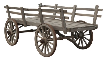 Fototapeta premium Old wooden farm cart with large spoked wheels, isolated cutout