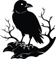 Black bird with tree silhouette illustration 