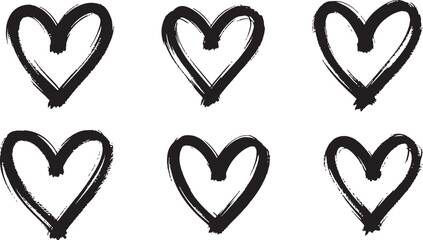 Six Hand Drawn Black Heart Shapes on White hearts brush stroke