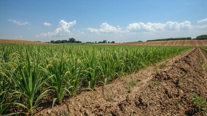 Fototapeta premium Vast green agricultural field with rows of crops under a blue sky with clouds during daytime.