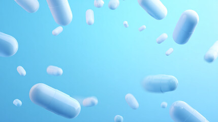 White capsules floating on a light blue gradient background. 3D rendered. for themes related to health, wellness, supplements, vitamins, medicine, and pharmaceutical products, clinical clarity.