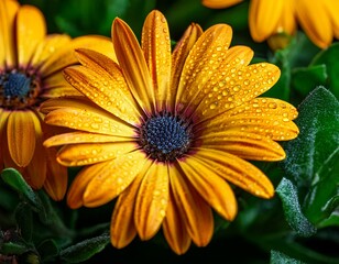 close up photo of a vibrant yellow african daisy with glistening water droplets and emerald green leaves