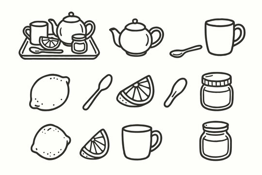 Honey vector teapot icon modern morning jar small ritual mug teaspoon set