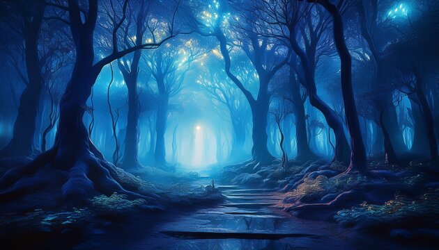 eerie blue forest with glowing light creating a mystical and serene atmosphere