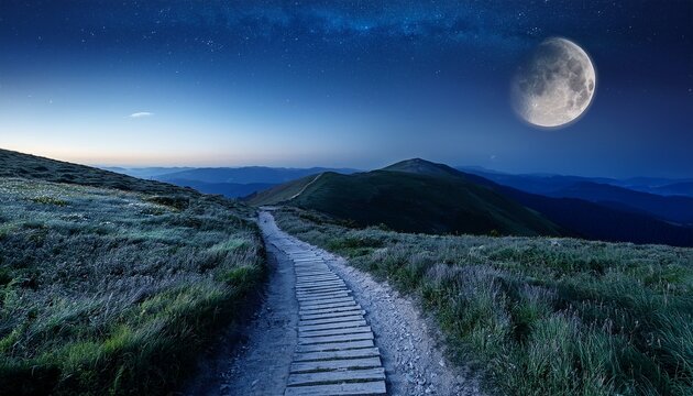 serene night landscape under the moonlit sky with a winding path