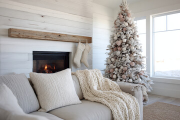 beautifully decorated christmas tree stands tall in cozy living room beside warm fireplace