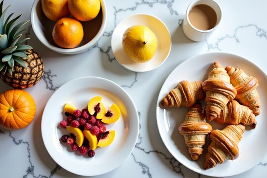 Minimalist Breakfast Spread with Colorful Croissants and Exotic Fresh Fruits on a Marble Table viewed from Above.