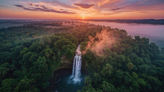 Lush green forest surrounding a waterfall at sunrise with mist and a colorful sky.