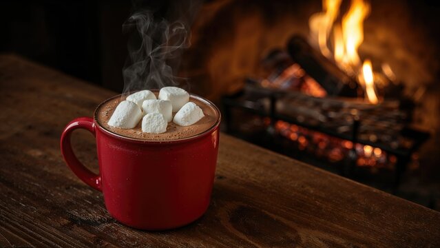 A hot chocolate in a red mug with marshmallows and a fireplace in the background. Cozy winter drink and warm ambiance.