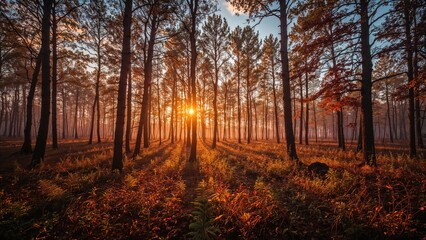 Obraz premium Sunset in a forest with tall trees and warm light. Nature and landscape scene. The beauty of the forest during golden hour.