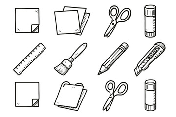 Obraz premium Vector icon essentials tools craft knife stick pencil glue icons cutter brush