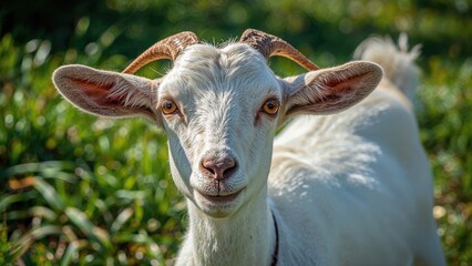 Obraz premium A close-up image of a goat with horns, in a natural outdoor setting with green foliage.