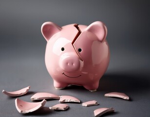 broken piggy bank on gray background