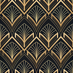 Seamless Art Deco inspired pattern in black, gold, and white, modern premium winter packaging.