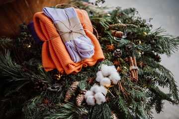 Christmas wreath and wintertime gifts prepared for celebration.