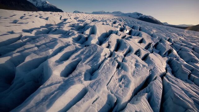 crevassed glacier expanse at sunrise, aerial close study of ridged ice and deep fissures, dramatic long shadows carving texture into surface, distant mountains framing frozen horizon, remote harsh