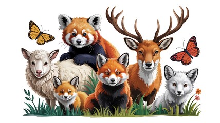 Group of friendly cartoon animals, red panda, deer, foxes, sheep