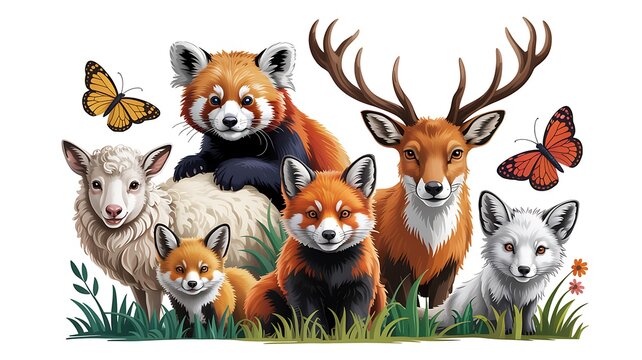 Group of friendly cartoon animals, red panda, deer, foxes, sheep