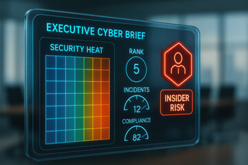 Executive cyber brief interface showing serious corporate analytics HUD. glowing multi color security heat panel with rank indicator and KPI dial show red insider risk notification