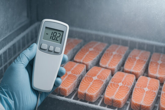Food industry worker checking frozen salmon fillet temperature with digital thermometer. meticulous quality control process for haccp safety and cold chain management