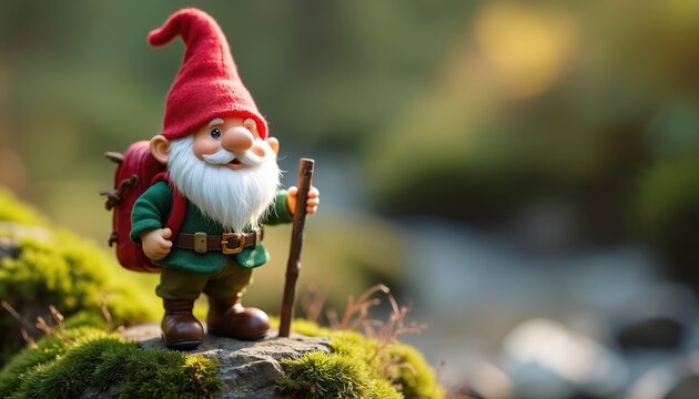 Cute gnome figurine with red hat, long white beard, green tunic stands on mossy rock. Holds hiking stick, red backpack. Charming mythical garden decor represents outdoor adventure, holiday spirit,