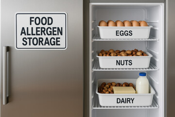 Food allergen storage in commercial refrigerator with separate labeled containers for eggs nuts and dairy. proper haccp plan ensures kitchen safety and dietary health awareness