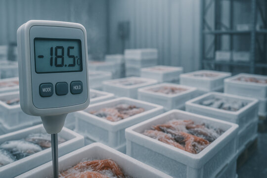 Digital thermometer checking freezing temperature for quality control of seafood in cold storage. This food industry process follows haccp safety standards for preservation