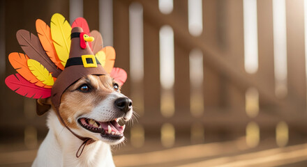 Close-up of a dog with a turkey hat, featuring brown, yellow and red feathers, symbolizing the Thanksgiving holiday celebration, fun and festivity