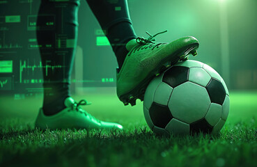Soccer player stands on ball with futuristic digital data overlay. This image blends sport with technology and online betting analysis for game strategy.