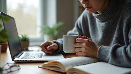 Fototapeta premium Young woman works on a laptop at home near window. She drinks coffee at desk with book and glasses. Student studies online, freelancer works remotely.
