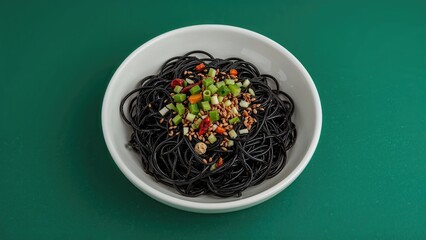 Black pasta dish with chopped vegetables and nuts in a white bowl, set against a green background.