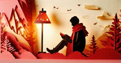 Fototapeta premium Papercraft scene depicts person reading near lamp. Mountains, trees, birds create cozy atmosphere. Warm colors dominate composition.
