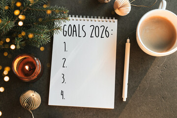 Goals 2026 in notebook, fir tree, burning candle, cup of coffee and Christmas decoration on table. Top view, flat lay. New year's Resolution