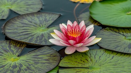 Close-up of a pink water lily flower surrounded by green lily pads nature pond