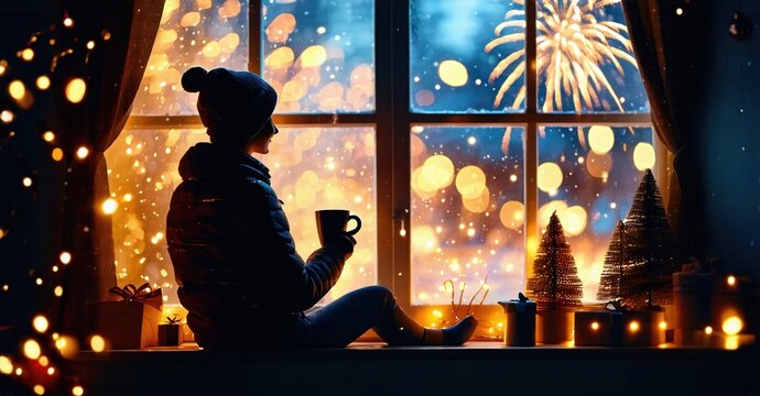 Person sits window seat, enjoying warm drink. Fireworks visible outside, cozy winter scene, festive lights illuminate room.