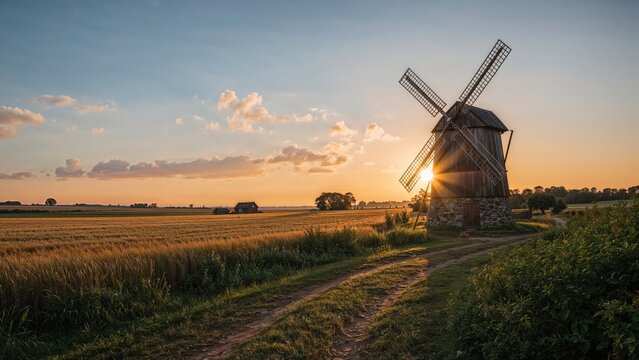 Rustic windmill in a rural landscape during sunset with a dirt path and open fields. Countryside, agriculture, and nature scene. The scene captures rural life and traditional windmill technology. - Powered by Adobe