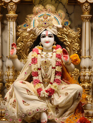 Spiritual Krishna statue in traditional indian attire with floral garlands in a golden temple interior reflecting the Hare Krishna movement