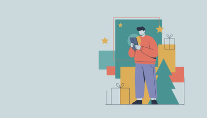 Man uses tablet for digital holiday shopping surrounded by abstract Christmas gifts and stars