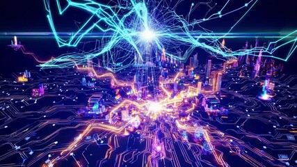 Cityscape depicted with vibrant neural activity and dynamic electrical currents, Luminous futuristic city featuring neural network architecture and energetic data pulse flows across skyline - Powered by Adobe