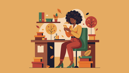 Woman using mobile phone at an autumnal desk Remote work digital communication and cozy workspace vector