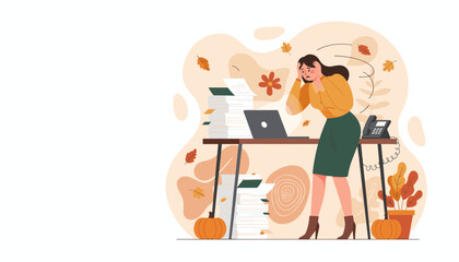 Stressed businesswoman overwhelmed by massive autumn office workload and deadlines